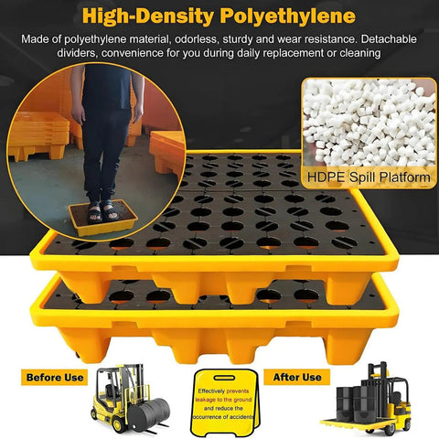Heavy Duty Chemical Spill Containment Tray With Modular HDPE Pallet Rack, showing features and a person standing on the tray.