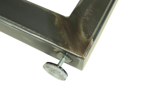 Close-up of Rustic Industrial Metal Table Legs Set Of Two In U Style USA Made Built Tough Heavy Duty Adjustable Leveling Feet with screw detail