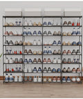 Beefy 8 Tier Large Shoe Rack Holds 64 Pairs With Heavy Duty Shelving And Adjustable Heights For Boots And Shoes Space Saving Organizer For Entryway Hallway Or Garage Easy Assembly, displaying various shoes neatly organized.