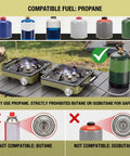 Two-Burner Propane Camping Stove With Windshield, 30000 BTU, compatible with propane, shown with green propane tank outdoors