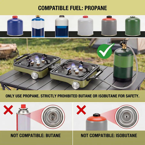 Two-Burner Propane Camping Stove With Windshield, 30000 BTU, compatible with propane, shown with green propane tank outdoors