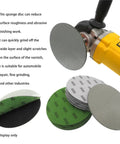 Flex 5 Inch Pyramid Sponge Sanding Disc With Hook Loop Foam Base For Curved Surfaces Perfect Grit Polishing Orbital Sanders And Detail Jobs Smooth Finish on display with a sander and multiple discs.