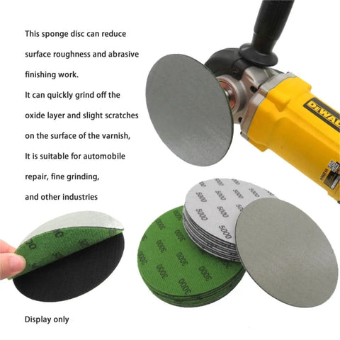 Flex 5 Inch Pyramid Sponge Sanding Disc With Hook Loop Foam Base For Curved Surfaces Perfect Grit Polishing Orbital Sanders And Detail Jobs Smooth Finish on display with a sander and multiple discs.