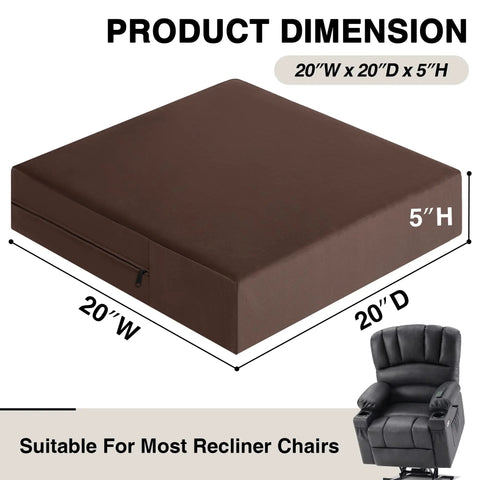 Ultra Thick Recliner Seat Cushion For Seniors, 20 X 20 Inch Raised Chair Pad With Soft Touch Fabric, 5 inch high brown cushion.