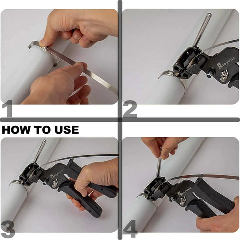 Heavy Duty Stainless Steel Cable Tie Gun For Crimping And Cutting Up To Twelve Millimeter Metal Zip Ties in use on pipe.