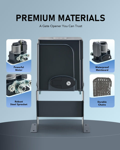 Heavy Duty Sliding Gate Opener for 40 Ft Gates Up To 1400 Lb With 280W Chain Drive showcasing motor, casing, and chain