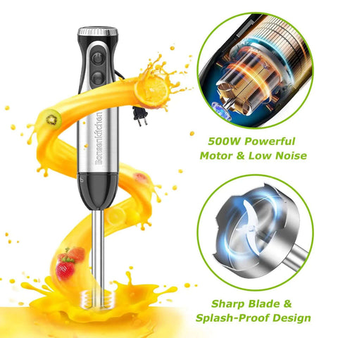 Straight Up Game Changer 4 In 1 Immersion Blender With Food Processor Chopper And Egg Whisk 20 Variable Speeds Plus Turbo Mode shown blending fruits.