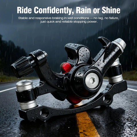 Beefy Aluminum Mechanical Disc Brake Caliper Set For Bikes Front And Rear Calipers in wet condition on road