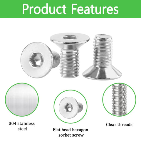 Product features of 100 Pack M4x8mm 304 Stainless Steel Flat Head Socket Cap Screws With Full Thread Allen Drive Countersunk Bolts.
