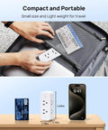 9 In 1 USB C Surge Protector Outlet Extender fits in luggage, shown with phone and card for size comparison, compact design.