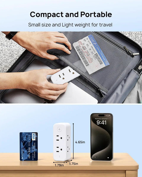 9 In 1 USB C Surge Protector Outlet Extender fits in luggage, shown with phone and card for size comparison, compact design.