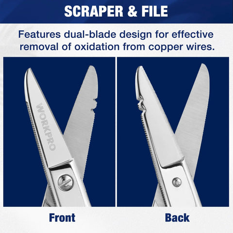 Electrician Scissors With Stripping, 5-1/5 Inch Pro Grade Cable Cutter For Ethernet Cables, Wires, Plastics And Light Metals Heavy Duty, Precise Cuts For Telecom And Electrical Pros, Durable Hand Tool front and back blades