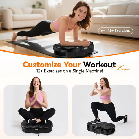 Woman exercising on Full Body Vibration Plate Shake Platform For Home Gym Fat Burn And Toning 300 Lbs Capacity 120 Speeds 9 Workout Modes