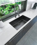 Undermount Single Bowl Kitchen Sink 32 By 19 By 10 Inches, 18 Gauge 304 Stainless Steel With Black Finish, top view in modern kitchen