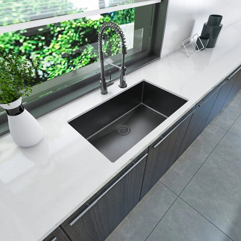 Undermount Single Bowl Kitchen Sink 32 By 19 By 10 Inches, 18 Gauge 304 Stainless Steel With Black Finish, top view in modern kitchen