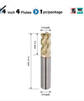 Roughing carbide end mill, 1/4" dia, 1/4" shank, 4 flutes, ZrN-A coating, 2-1/2" overall length, 1 pc