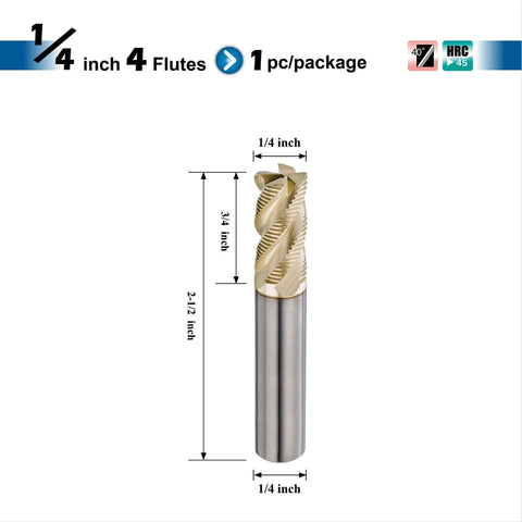 Roughing carbide end mill, 1/4" dia, 1/4" shank, 4 flutes, ZrN-A coating, 2-1/2" overall length, 1 pc