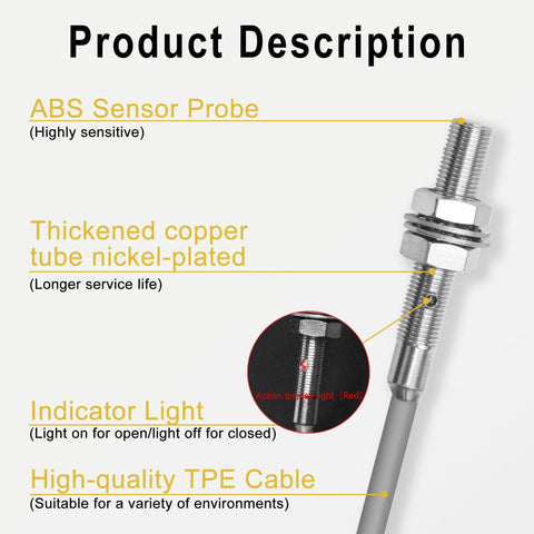 M5 Inductive Proximity Sensor Shielded Type LJ5A3 with ABS probe, copper tube, TPE cable, and indicator light for metal detection.
