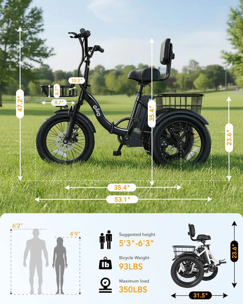 Side view of powerful 1200W folding trike ebike with 499Wh removable battery, step through design, and storage basket for adults.