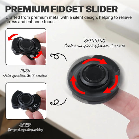 5 Pcs Fidget Toys Set For Adults With Magnetic Slider, Clicker, Spinner, showing black premium metal fidget slider in action