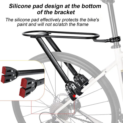 Sleek Carbon Fiber And Aluminum Rear Bike Rack For Mountain And Road Bikes Built Different To Haul Gear Reliably Every Time Without Extra Bulk Or Concerns showing silicone pad design on bracket for frame protection.