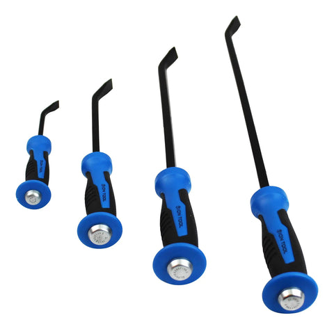 Four-piece pry bar set with non-slip handles and hammer top, includes 8 to 24 inch heavy duty prying tools for demolition and framing.