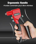Pro Grade Hand Riveter Kit With Four Interchangeable Heads For 3 32nd Inch, 1 8th Inch, 5 32nd Inch, And 3 16th Inch Rivets Includes 100 Rivets (25 Each) For Metal, Gutter, And Automotive Work, shown with ergonomic handle for comfort.