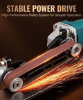 Garage Rat Approved Angle Grinder Belt Sander Adapter Heavy Steel Conversion Kit with stable power drive and pulley system.