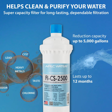 Replacement FI-CS-2500 Filter For CS-2500 Water Filtration System US Made High-Flow Bacteriostatic Filter product image with benefits