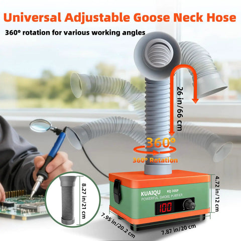 Powerful Desktop Solder Fume Extractor with 2-in-1 HEPA and activated carbon filter, featuring adjustable gooseneck hose and speed control.
