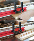 Adjustable Bearing Roller Featherboard Feeder for Table Saw with Aluminum Alloy 5mm Stroke and Double Wheel Pro Grade Woodworking Jig with Anodized Finish Rust Resistant Strong Polyurethane Wheel Grip for Thin Rip installed on a table saw.