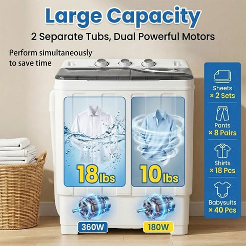 Slick Portable Twin Tub Washing Machine, 28 Pound Capacity Featuring Drain Pump, Semi Automatic Compact Washer And Spinner Combo for dual tub operation.