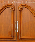 Wooden cabinet doors with 2 Pack Zinc Alloy Cabinet Pull Handles Vintage Door Pulls For Wardrobe And Furniture Bright Chrome Finish 128mm Hole Spacing No Brainer Easy Grip Heavy Duty Look Ideal For Drawers Cupboards And Dresser Hardware installed.