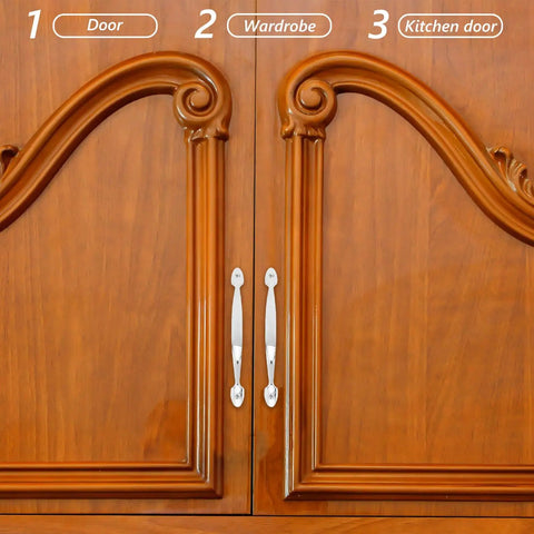 Wooden cabinet doors with 2 Pack Zinc Alloy Cabinet Pull Handles Vintage Door Pulls For Wardrobe And Furniture Bright Chrome Finish 128mm Hole Spacing No Brainer Easy Grip Heavy Duty Look Ideal For Drawers Cupboards And Dresser Hardware installed.