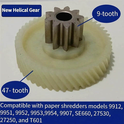 9T 47T Helical Gear Set For Paper Shredders With Double Layer Design For Smooth Operation And Efficient Power Transfer Across Models 9912 9951 9952 9953 9954 9907 SE660 27530 27250 T601 Motor Drive Gear Accessories Replacement, showing 9-tooth and 47-tooth gears with compatibility details.