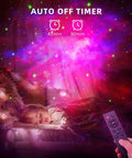 Astronaut Space Buddy Galaxy Projector Night Light with Remote for bedroom, showing colorful starry nebula projection and timer options.