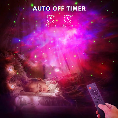 Astronaut Space Buddy Galaxy Projector Night Light with Remote for bedroom, showing colorful starry nebula projection and timer options.