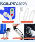Nitigo electric fuel transfer pump with auto-stop sensor, blue housing, 72-inch hose, front view.