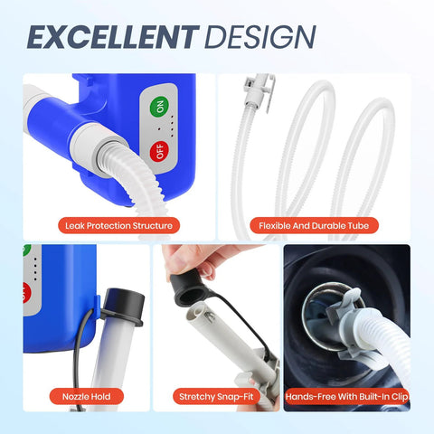 Nitigo electric fuel transfer pump with auto-stop sensor, blue housing, 72-inch hose, front view.