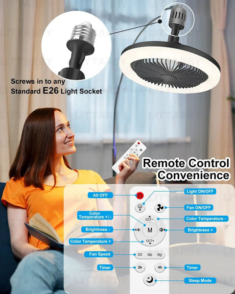 No Wiring Easy Install Ceiling Fan With Light Remote Control Dimmable LED 3 Color Temperatures From 3000K To 6500K Screw In Design Fits Standard E26 E27 Socket in use
