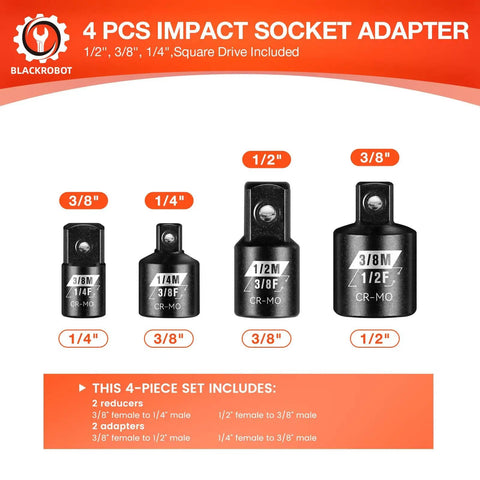 Impact Socket Adapter Set One Quarter Inch To One Half Inch SAE Drive Square Reducers And Adapters Four Piece Heavy Duty Chromoly Steel Laser Marked