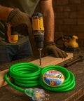 Heavy Duty Outdoor Extension Cord 50 Foot 10 Gauge 3 Prong SJTW Cable with Lighted Ends beside man using drill on wood