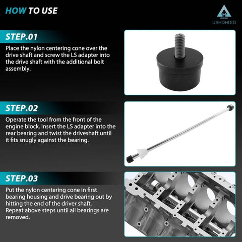 Cam Bearing Install Tool And Engine Cam Bearing Remove Kit For Chevy LS Engines Complete Installation And Removal Covers Most Domestic And Import Vehicles Pro Grade DIY Shop Tool usage steps shown in diagram.