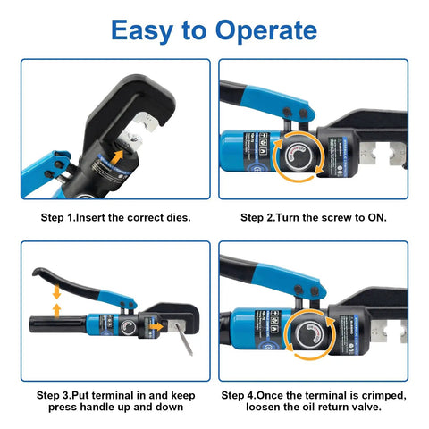 Steps demonstrating the use of Heavy Duty 10 Ton Hydraulic Crimping Tool Kit With 13 Dies for crimping wire terminals.