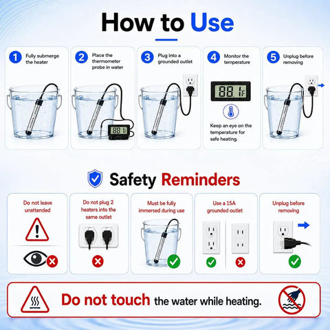How to use Heavy Duty 2 Pack 2000W Electric Immersion Water Heater With Digital Gauge for safe heating instructions.