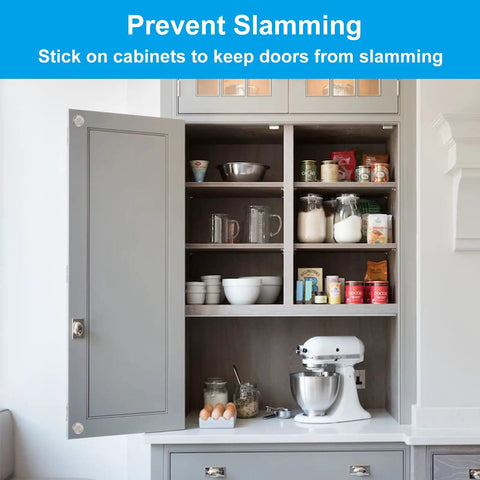 Open gray kitchen cabinet with shelves filled, used for 164Pcs Clear Self Adhesive Bumpers Set for Drawers Cabinets Doors Laptops Cupboards and Walls Silicone Rubber Noise Dampening Cushions Hemispherical and Cylindrical Bumpers With Strong Sticky Backing.