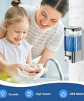 Wall Mounted Soap Dispenser For Kitchen And Bathroom With Zero Fuss No Drip Nozzle Holds 17 Oz liquid gel shampoo sanitizer in use.