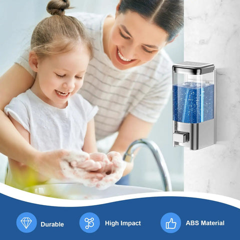 Wall Mounted Soap Dispenser For Kitchen And Bathroom With Zero Fuss No Drip Nozzle Holds 17 Oz liquid gel shampoo sanitizer in use.