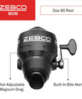 Spincast Reel And Fishing Rod Combo, 7 Foot Two Piece Rod With Size 80 Reel, featuring dial-adjustable Magnum drag and built-in bite alert.