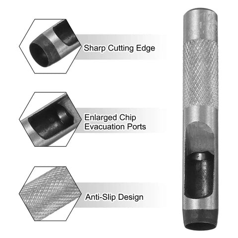 Leather Round Hole Punch 12mm 2 Pack Carbon Steel Hollow Punch Cutter close-up with sharp edge, chip ports, and anti-slip design